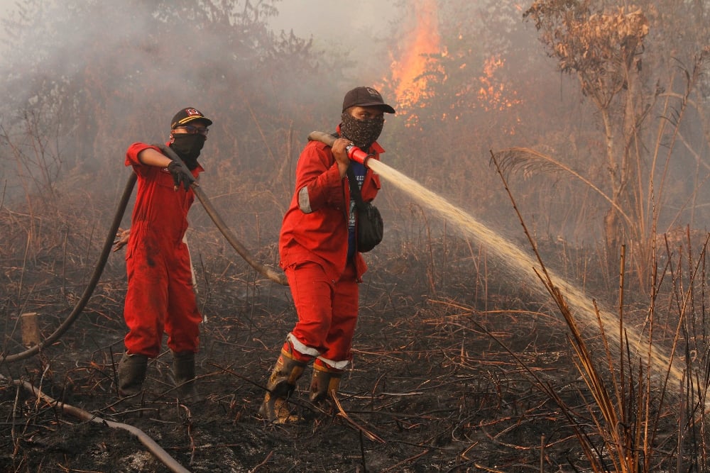 Petugas Manggala Agni Sumatera IV Daops Pekanbaru melakukan pemadaman kebakaran lahan gambut di Desa Rimbo Panjang, Kampar, Riau, Minggu (20/7/2025). Berdasarkan data dari petugas di lapangan lahan gambut yang terbakar seluas 8,5 hektare. ANTARA FOTO/Hadly V