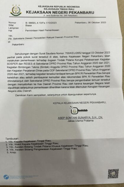 Tahun 2023 Kejaksaan Tinggi Riau Telah Memberhentikan Pemeriksaan Kasus SPPD