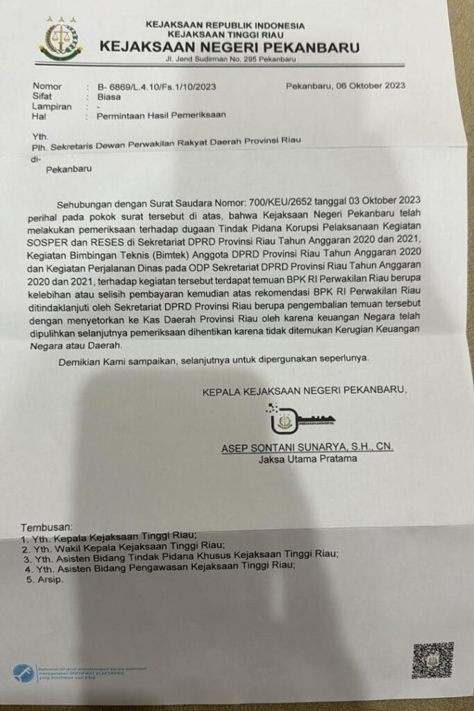 Tahun 2023 Kejaksaan Tinggi Riau Telah Memberhentikan Pemeriksaan Kasus SPPD