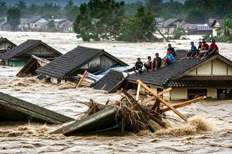 Akses jalan nasional di Aceh Utara terendam banjir setinggi dada orang dewasa, warga menunggu evakuasi dari atap rumah. (YouTube HardCornerTV)