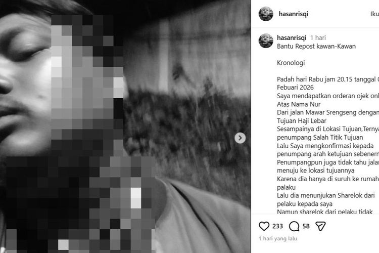 Seorang pengemudi ojek online bernama Hasan (26) menjadi korban penganiayaan oleh seorang pria yang diduga anggota Pasukan Pengamanan Presiden (Paspampres) pada Rabu (4/2/2026) di Kembangan, Jakarta Barat.(INSTAGRAM/@hasanrisqi)